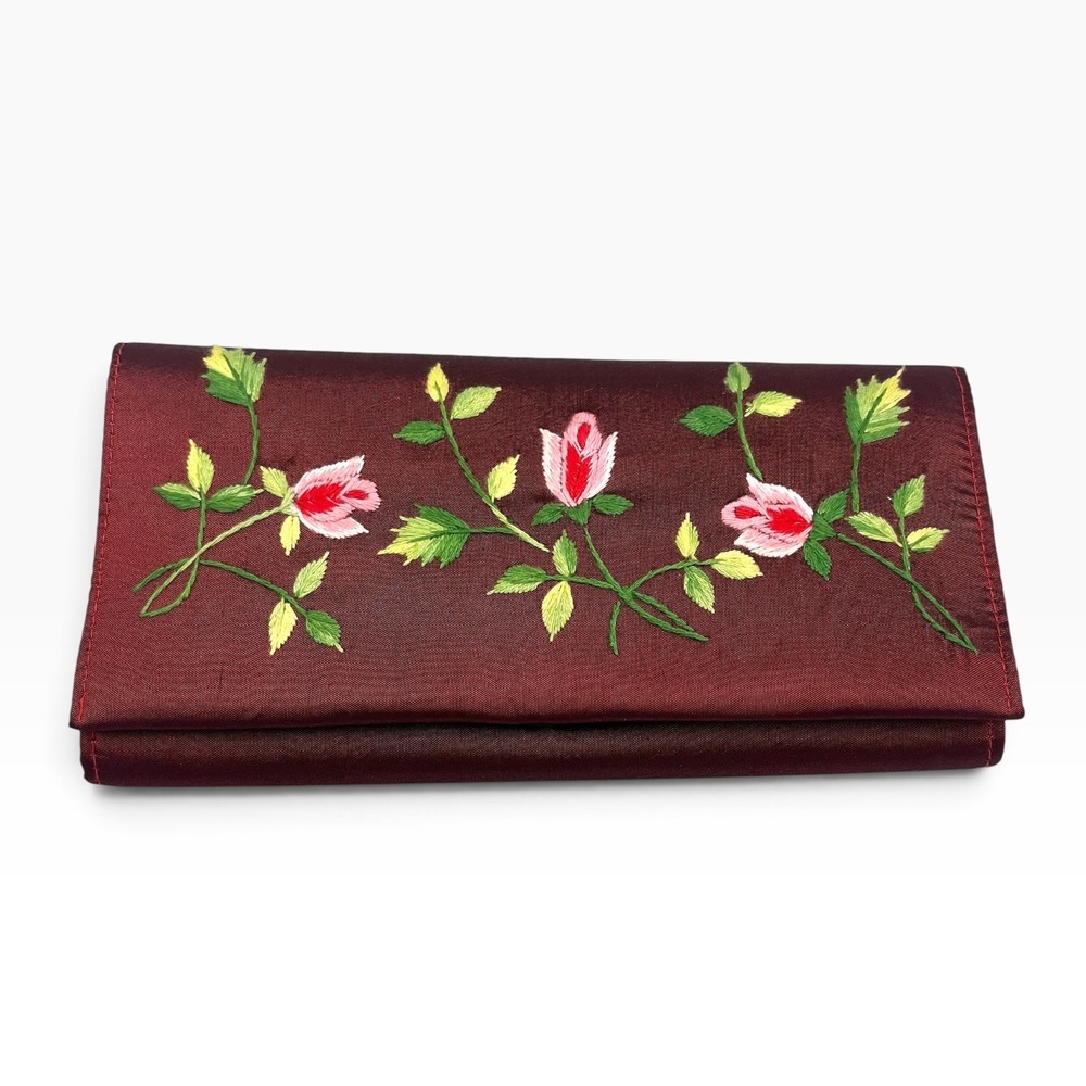 Vintage Style Floral Embroidered Burgundy Satin Clutch Evening Bag Pink Roses